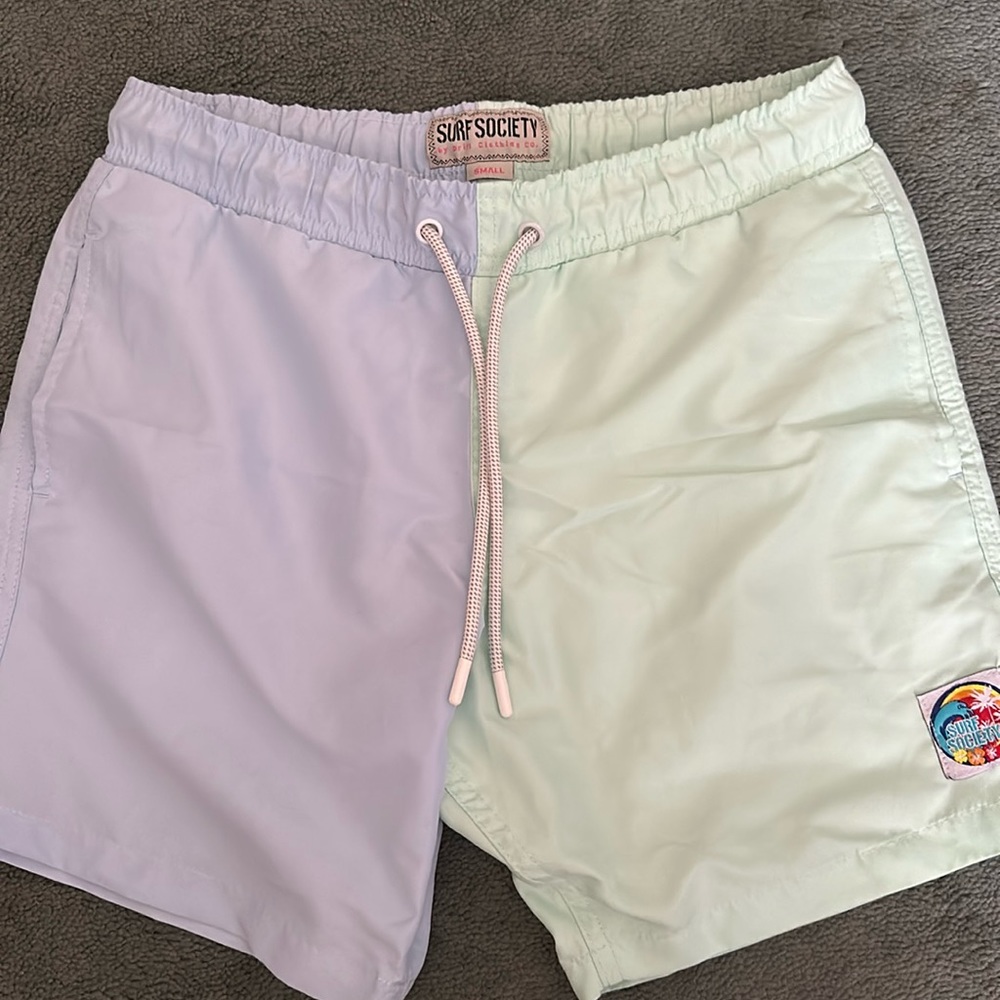 Surf society swimwear swimsuit trunks men’s size small blue green gently used